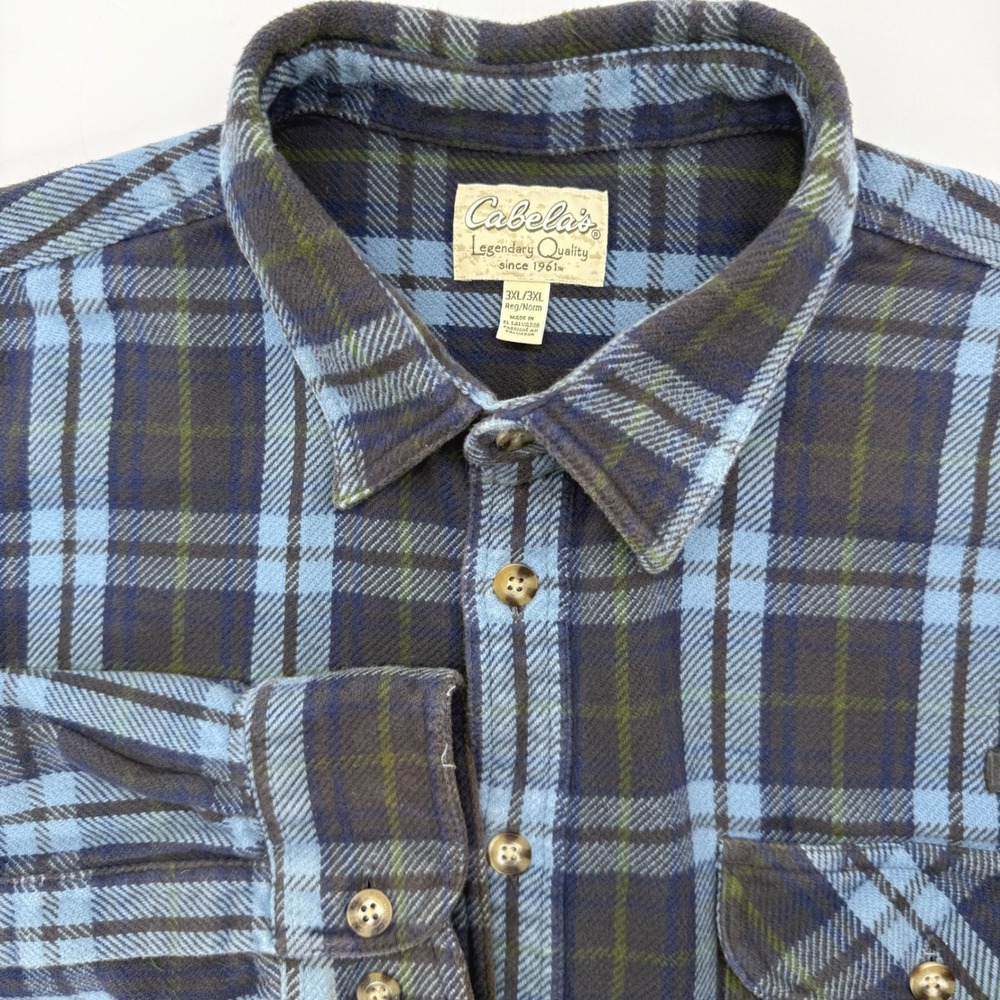 Cabela's Flannel Shirt Men 3XL Blue Plaid Roughneck Heavy Cotton Button Down